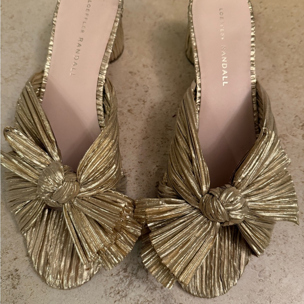 Loeffler Randall Gold Pleated Bow Mules